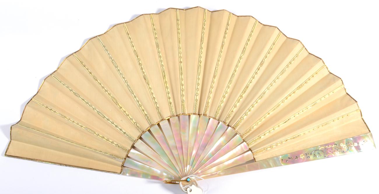 A Late 19th Century Silvered and Gilded Mother-of-Pearl Fan, mounted with a double leaf, the recto - Image 2 of 3