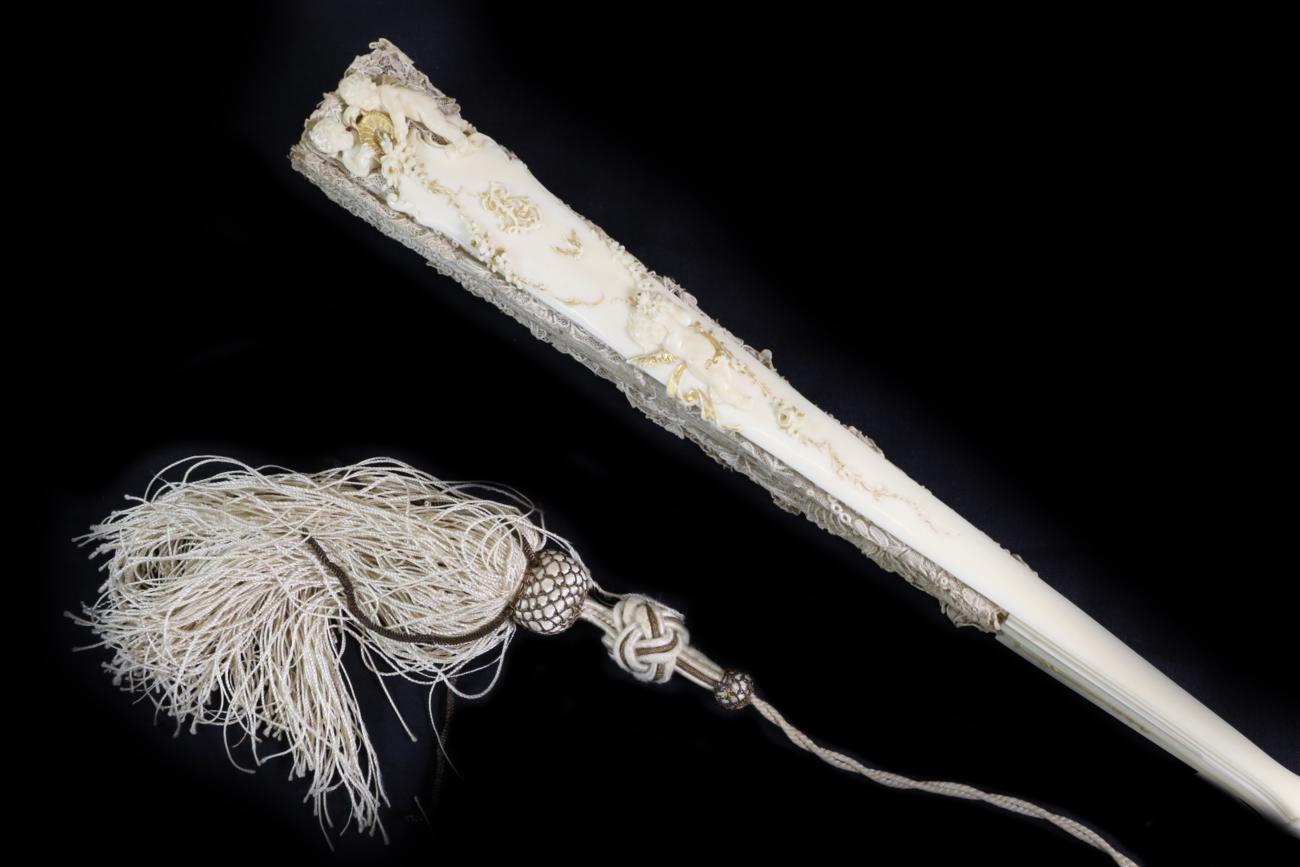 A Late 19th Century Point De Gaze Needle Lace Fan Mounted on Ivory, the sticks gilded, the guards - Image 3 of 3