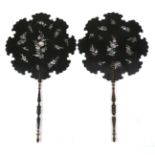 A Pair of Circular 19th Century Face Screens or Fixed Fans, lacquered in black and inlaid with