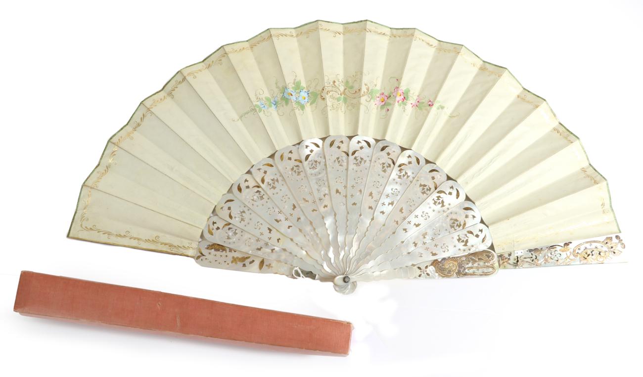 A Mid-19th Century Mother-of-Pearl Fan, the monture carved, pierced and gilded, the gorge sticks - Image 2 of 2