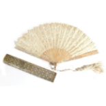 An Early 20th Century Handmade Brussels Bobbin Lace Fan, mounted on light pink mother of pearl