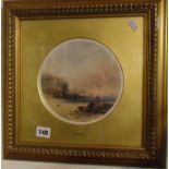 19th c. gilt framed and mounted circular watercolour of a coastal scene inscribed T. Harper