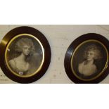 Pair of engraved portraits of ladies in oval oak frames