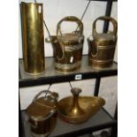 WW1 brass shell case, three old brass watering cans and other metalware (two shelves)