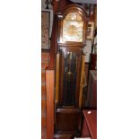 Oak cased grandmother clock with chain driven movement, bevelled glass panel to door and silvered