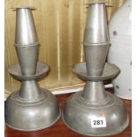 Unusual tall pair of 18th c. pewter candlesticks inscribed "York 1762" with a family crest and touch