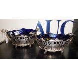Pair of Art Nouveau pierced silver baskets (approx 22 troy oz) with Bristol blue glass liners,
