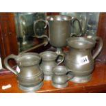 Victorian pewter measures & trophy (some stamped James Yates)