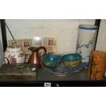 Chinese porcelain sleeved vase, cloisonne bowls, old tiles, a metal box with repousse dragon