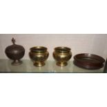 Two Oriental brass jardinieres, a Japanese bronze censer (A/F), and an Indian brass lidded pot