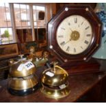 Two brass shop or counter bells, and an oak mantle clock with mother-of-pearl inlay