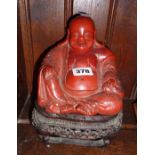 19th c. red lacquer (cinnabar) Buddha on ornately carved wooden stand