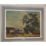 P. Lambert, oil on board of a farmyard and house with trees and cattle