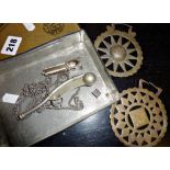 Two old horse brasses, a Bosun's whistle with military crows foot, etc.