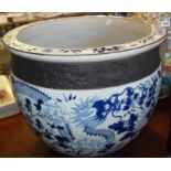 Large 19th c. Chinese blue and white dragons fish bowl