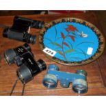 Opera glasses, pocket binoculars and two cloisonne dishes