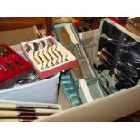 Box of assorted silver-plated cutlery, some cased & boxed, including table knives