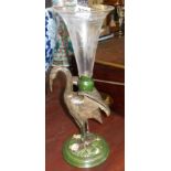 Art Nouveau painted metal and glass epergne in the form of a stork with single etched glass trumpet