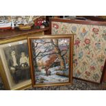 Large framed crewel work tapestry, woolwork picture and an Edwardian family photograph