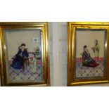 Three 19th c. Chinese paintings of figures on rice paper in gilt frames