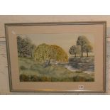 Watercolour of a riverscape with weeping willow, signed