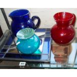 Mdina glass vase, blue glass water jug, another ruby jug and a modern stained glass panel