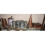 Assorted pewter tankards, copperware, cutlery etc