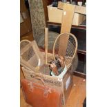 Old tennis rackets, mahogany handled tray with shell motif A/F, T-Square, Vintage canvas director'