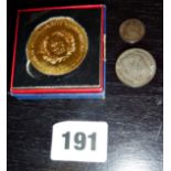 Coins - 1861 half dime, an 1866 Franc and a souvenir medallion in a box