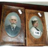 Two Victorian oil miniature portraits of a man and wife in leather frames