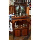 Victorian mahogany corner cabinet with carved detailing, and similar mirrored corner wall shelf