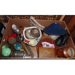 Box of advertising tins, enamel, tools, kitchenalia etc
