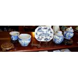 Collection of 20th c. Chinese blue and white porcelain, with carved wooden stands