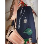 Vintage clothing:- c.1940s Schoolgirl's blazer, cap, scarves, two leather satchels and a hand-