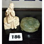 Chinese carved jade lidded pot and a figural carving