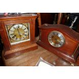 Oak-cased 8-day mantle clock, together with an Edwardian inlaid mahogany 8-day mantle clock