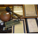 Various Railway Company certificates and notices, a brass vintage car horn and a warming pan
