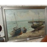 Oil on board of beached fishing boats at Rye by John Stephen