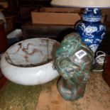 Bronze lady's head bust, Art Deco marbled glass light shade and Chinese style blue and white