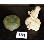 Chinese carved jade lidded pot and a figural carving