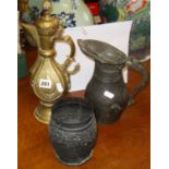 Persian brass coffee pot, antique Middle Eastern copper water pitcher and a Persian embossed