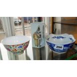 Chinese blue and white bowl, a Jingdezhen brush pot and a Chinese Famille Rose bowl