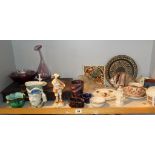 Shelf of assorted china etc including two Staffs figurines