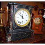 Victorian marble mantle clock and a small Edwardian inlaid mahogany dome topped mantle clock