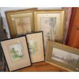 Three Victorian watercolours of river & landscapes, and three F. Robson prints