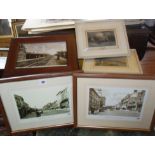 Two framed reproduction photographs of Bridport, a similar of Templecombe station and two colour