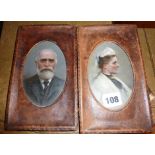 Two Victorian oil miniature portraits of a man and wife in leather frames