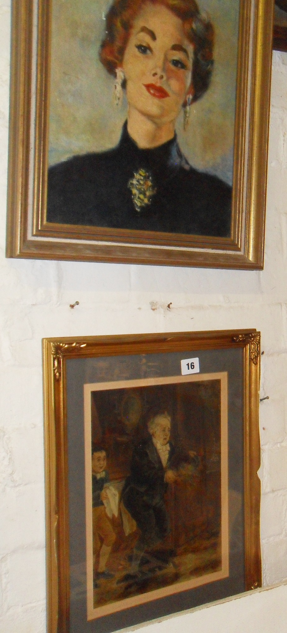 1950s oil portrait of a glamorous lady, an oil on board of Christ, and a humorous oil painting of