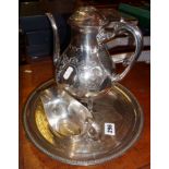 Victorian silver plated large coffee pot, a similar tray and gravy boat