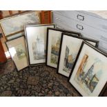 Four pen & colour wash sketches of buildings in Montreal, signed & dated 1964, an oil on canvas of